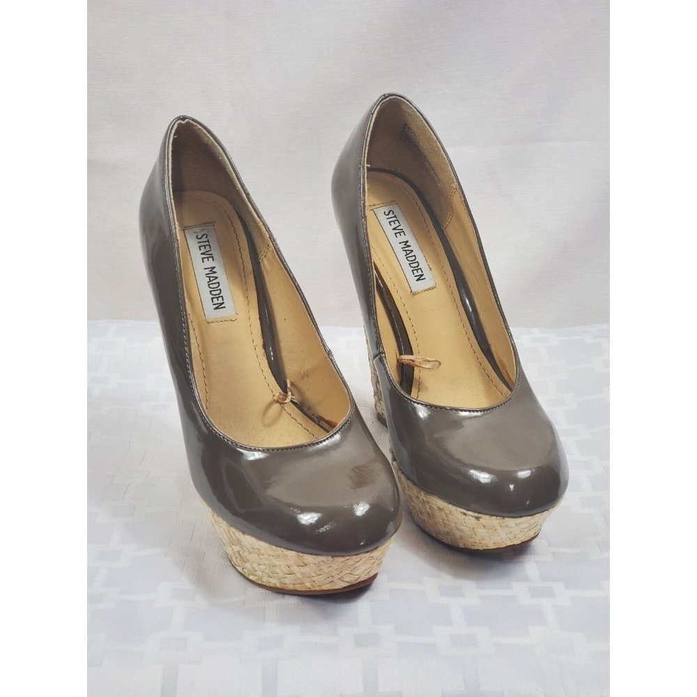 Steve Madden Taupe Brown Patent Wedge Heel Size 6 Pre-owned High Platform - Picture 1 of 9
